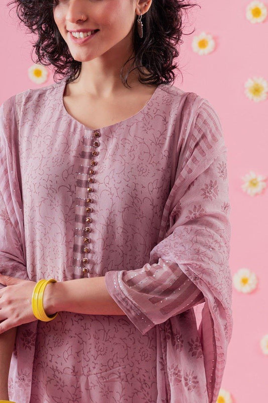 Mauve Block Print Georgette Suit Set With Mukaish - Sohni