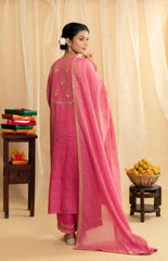 Mithai pink chevron embroidery striped tissue chanderi kurta set - Sohni