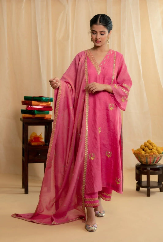 Mithai pink chevron embroidery striped tissue chanderi kurta set - Sohni