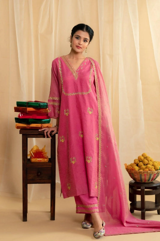 Mithai pink chevron embroidery striped tissue chanderi kurta set - Sohni