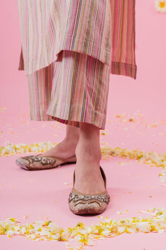 Multi striped handloom cotton coord set with buttons embroidery - Sohni