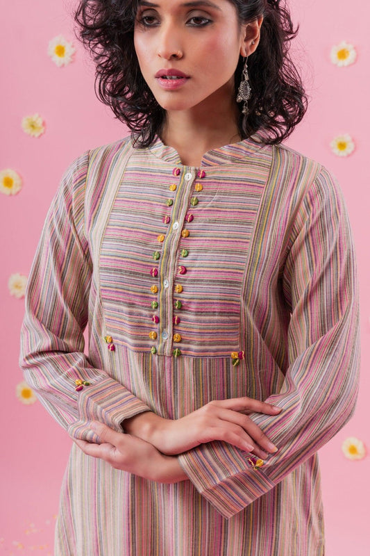 Multi striped handloom cotton coord set with buttons embroidery - Sohni