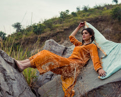 Ochre velvet embroidered kurta and salwar with silk dupatta - Sohni