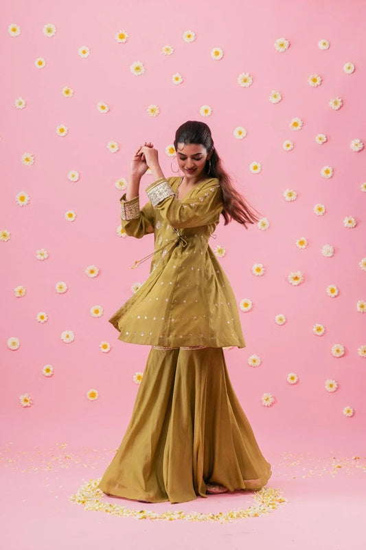 Olive green gota angrakha and garara set with nude pink organza dupatta - Sohni
