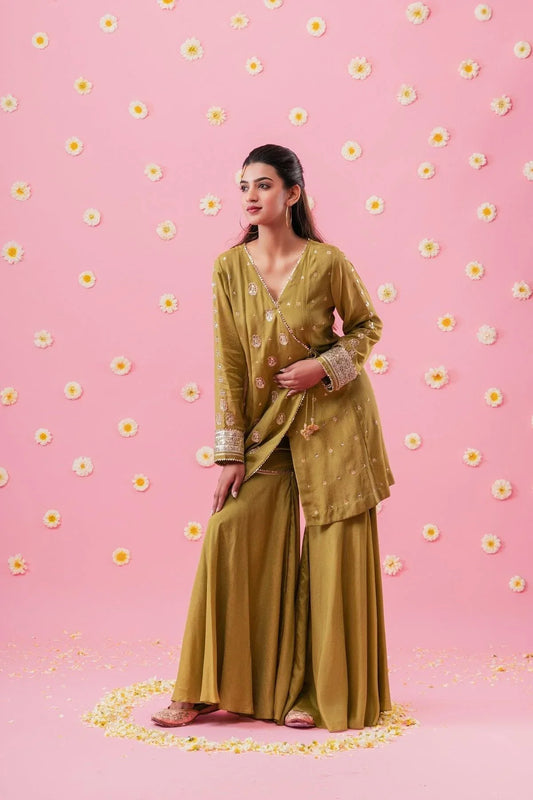 Olive green gota angrakha and garara set with nude pink organza dupatta - Sohni