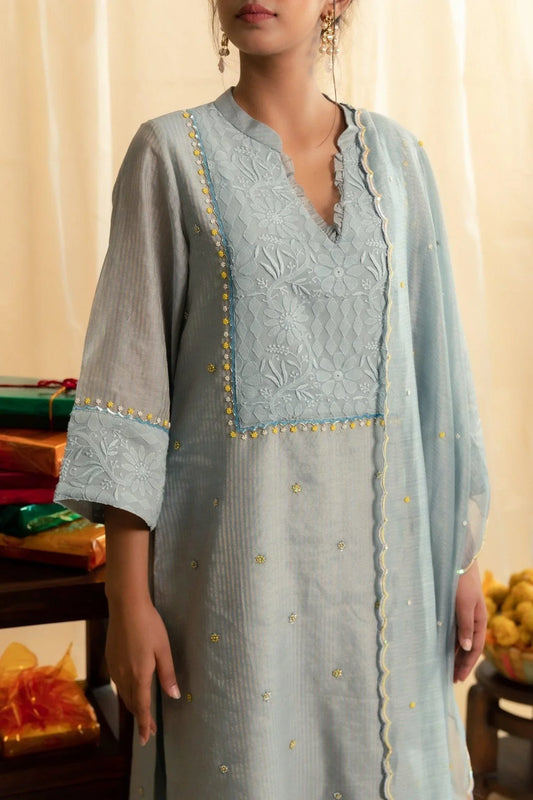 Pale blue chikankari yoke tissue chanderi kurta set - Sohni
