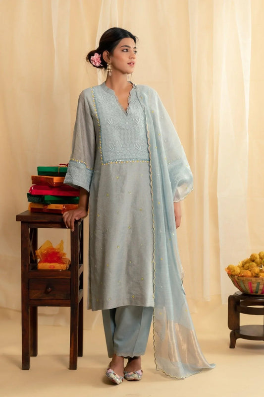 Pale blue chikankari yoke tissue chanderi kurta set - Sohni