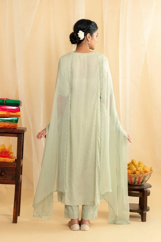 Pastel green hand embroidered modal kurta set with scalloped lurex dupatta - Sohni