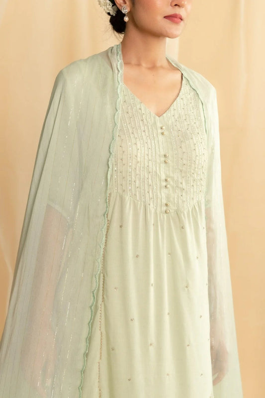 Pastel green hand embroidered modal kurta set with scalloped lurex dupatta - Sohni
