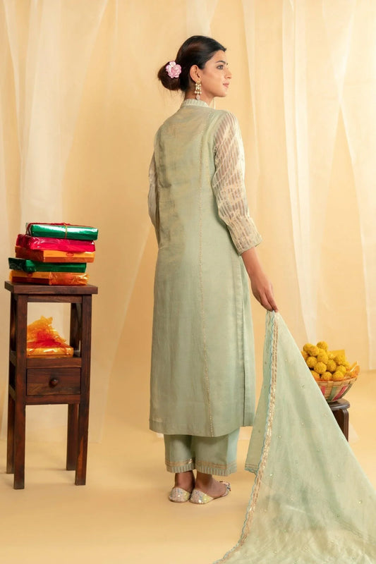 Pastel mint gota flowers chanderi kurta set with palazzos and chanderi dupatta - Sohni