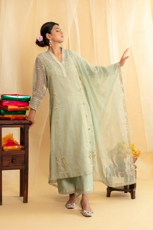 Pastel mint gota flowers chanderi kurta set with palazzos and chanderi dupatta - Sohni