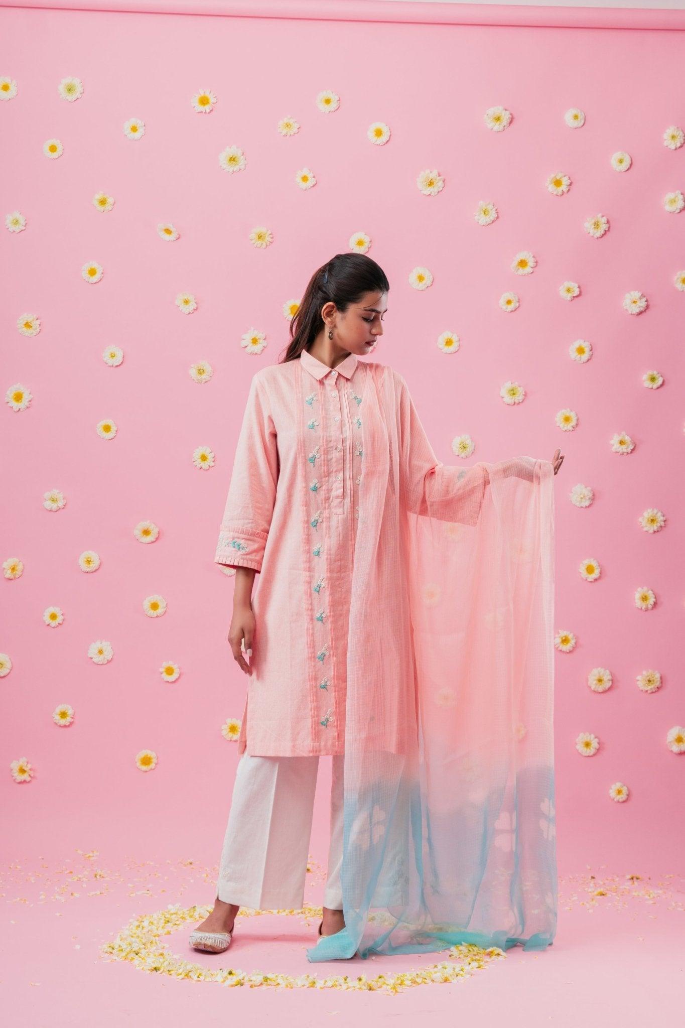 Peach handloom pleated shirt kurta with floral dori embroidery - Sohni