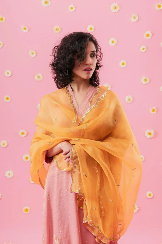 Peach pink tissue chanderi kurta with straight salwar and mango organza dupatta - Sohni