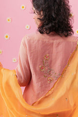 Peach pink tissue chanderi kurta with straight salwar and mango organza dupatta - Sohni