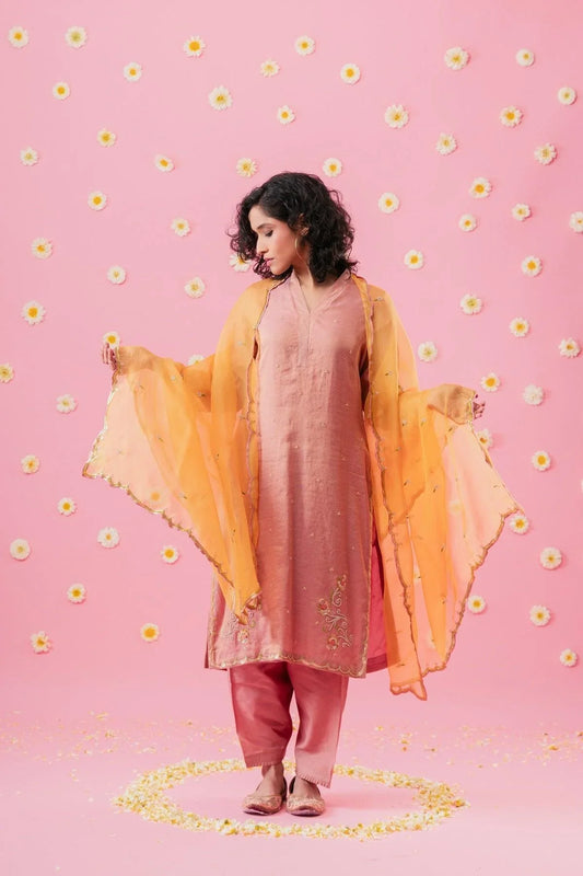 Peach pink tissue chanderi kurta with straight salwar and mango organza dupatta - Sohni