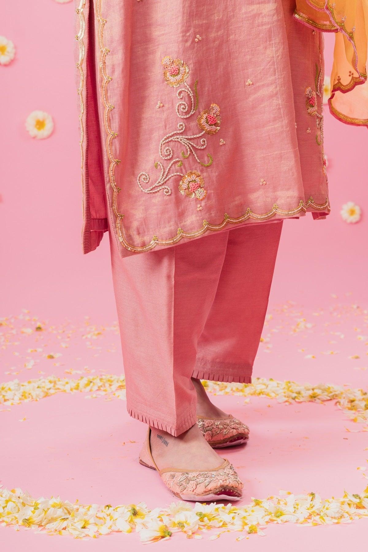 Peach pink tissue chanderi kurta with straight salwar and mango organza dupatta - Sohni
