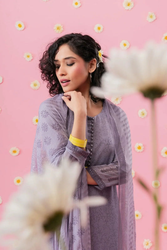 Periwinkle blue block print georgette suit set with mukaish - Sohni