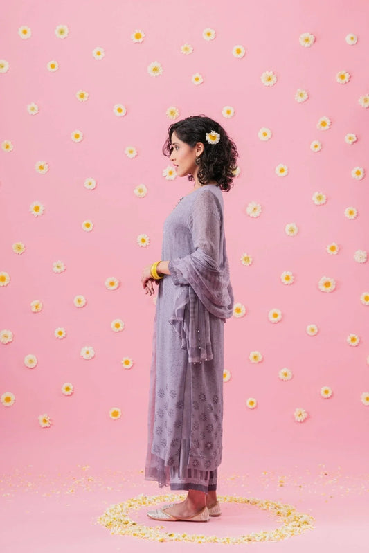 Periwinkle blue block print georgette suit set with mukaish - Sohni