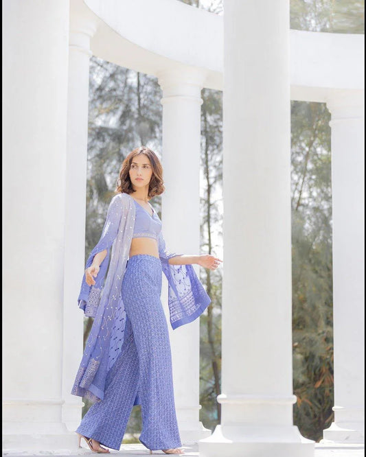 Periwinkle Farah Cape Set In Embroidered Georgette With Bustier And Embroidered Pants - Sohni
