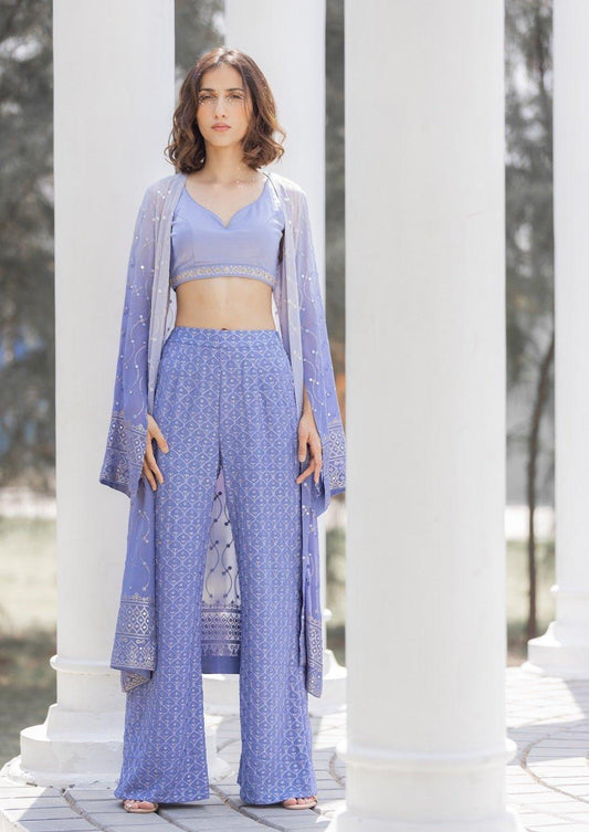 Periwinkle Farah Cape Set In Embroidered Georgette With Bustier And Embroidered Pants - Sohni