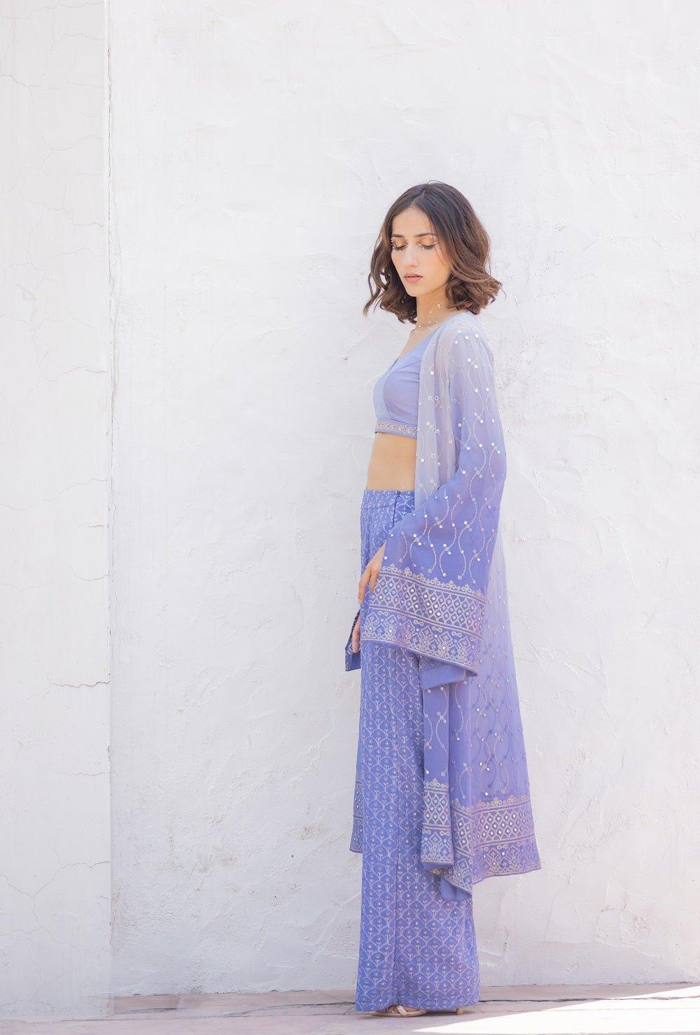 Periwinkle Farah Cape Set In Embroidered Georgette With Bustier And Embroidered Pants - Sohni