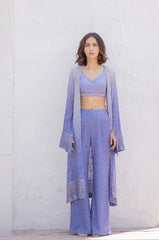 Periwinkle Farah Cape Set In Embroidered Georgette With Bustier And Embroidered Pants - Sohni