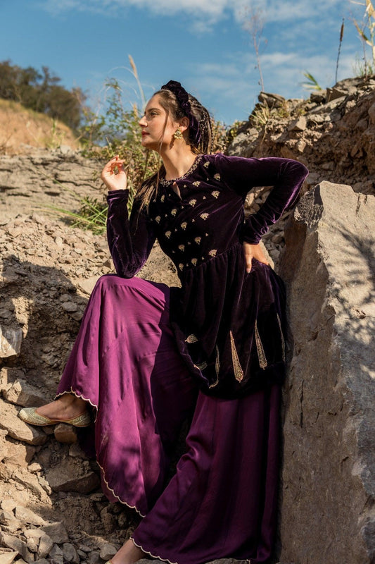 Purple velvet flared kurta with sharara and silk dupatta - Sohni