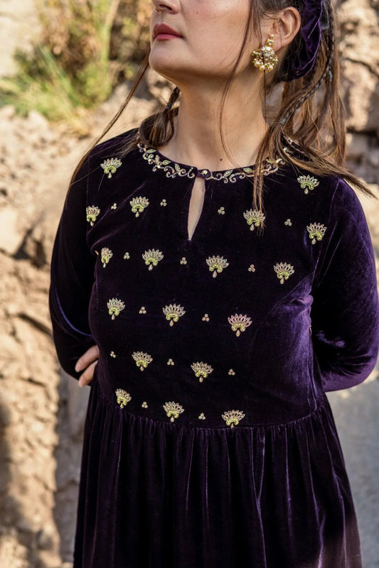 Purple velvet flared kurta with sharara and silk dupatta - Sohni