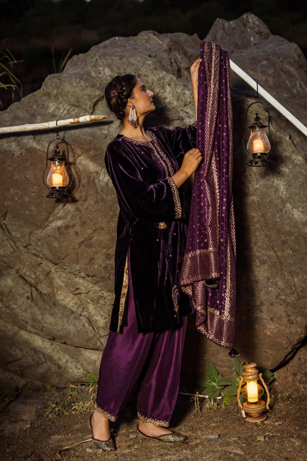 Purple velvet hand embroidered phiran and salwar with silk dupatta - Sohni