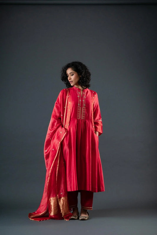 Red chanderi A line gathered kurta with pockets, chanderi salwar and dupatta set - Sohni