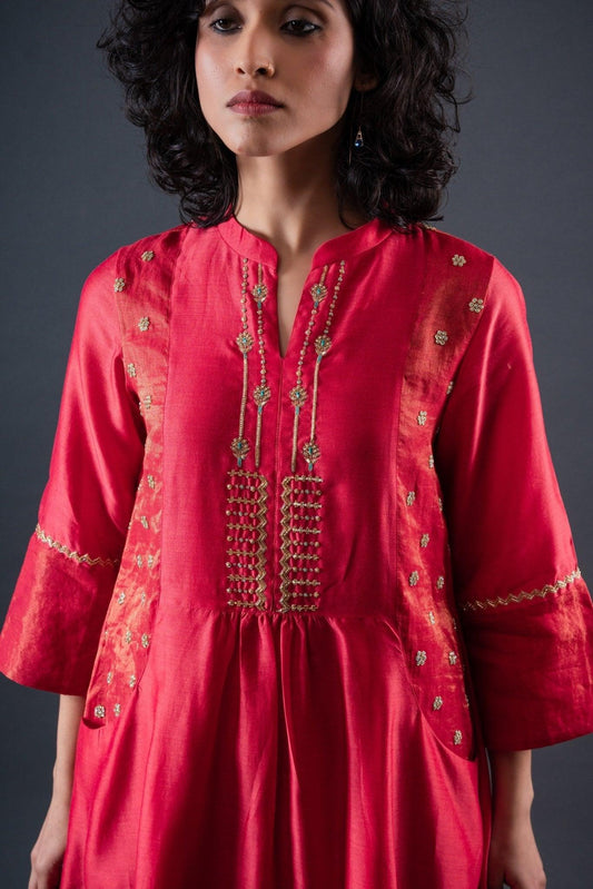 Red chanderi A line gathered kurta with pockets, chanderi salwar and dupatta set - Sohni