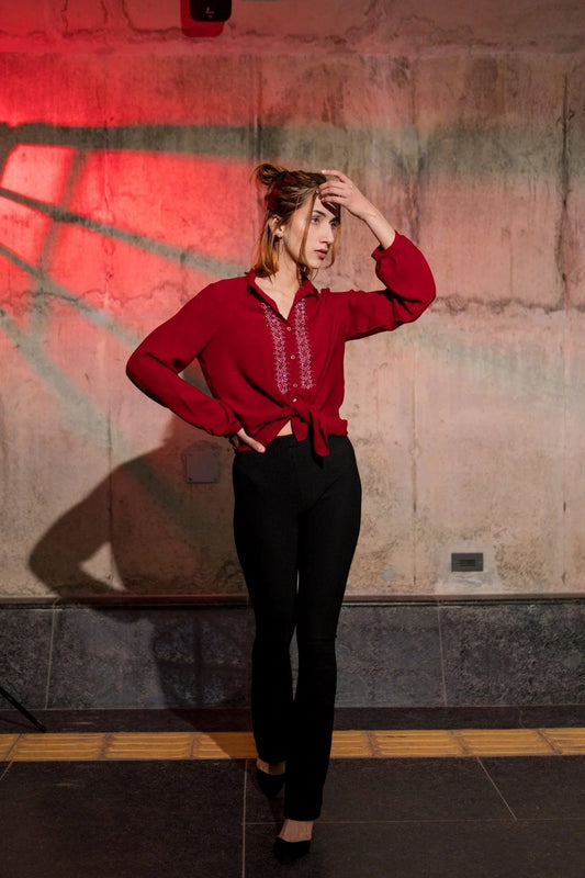 Red geometric embroidery georgette ghirt - Sohni