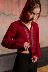 Red geometric embroidery georgette ghirt - Sohni