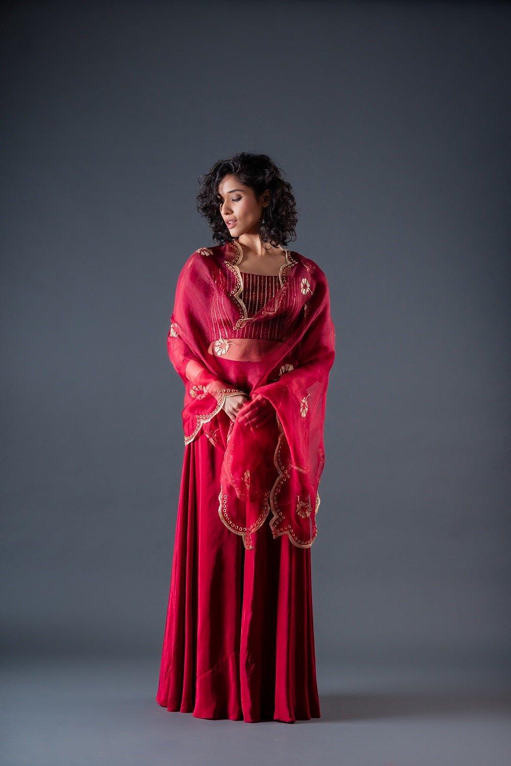 Red Sharara And Embroidered Blouse Set With Hand Embroidered Organza Dupatta - Sohni