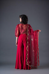 Red Sharara And Embroidered Blouse Set With Hand Embroidered Organza Dupatta - Sohni