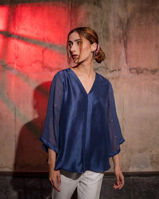 Sapphire triangle embroidery sheer sleeved top - Sohni
