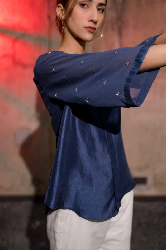 Sapphire triangle embroidery sheer sleeved top - Sohni