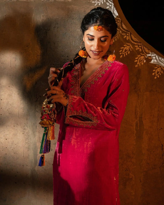 Scarlet beaded scallops embroidery silk velvet kurta - Sohni