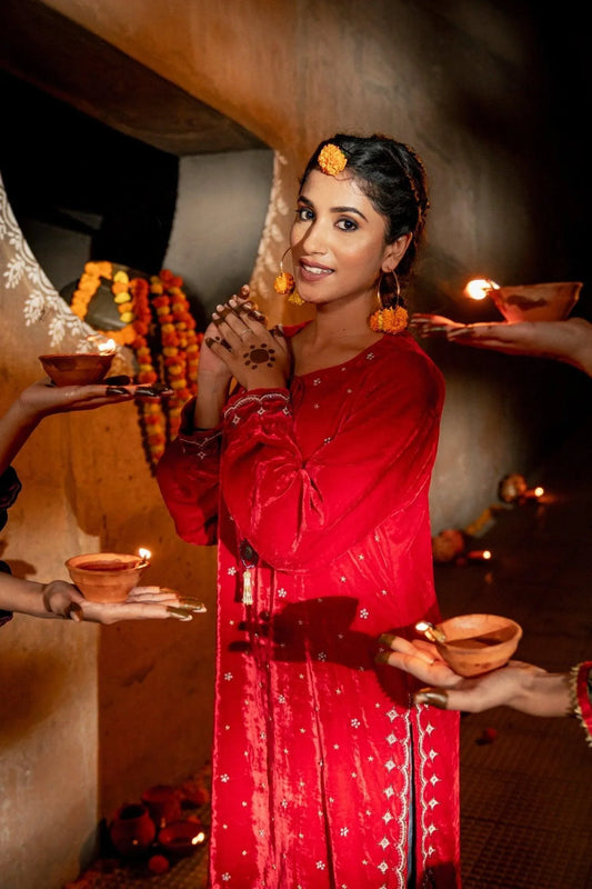 Scarlet beaded scallops embroidery silk velvet kurta - Sohni