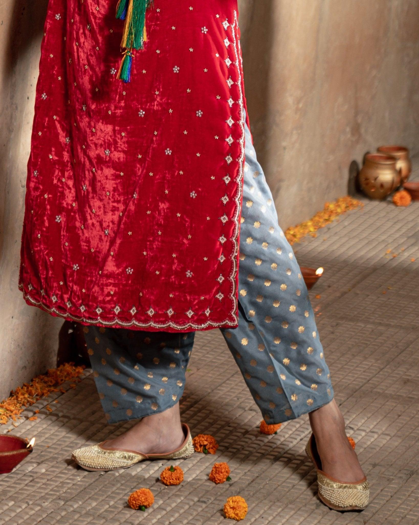 Scarlet beaded scallops embroidery silk velvet kurta - Sohni