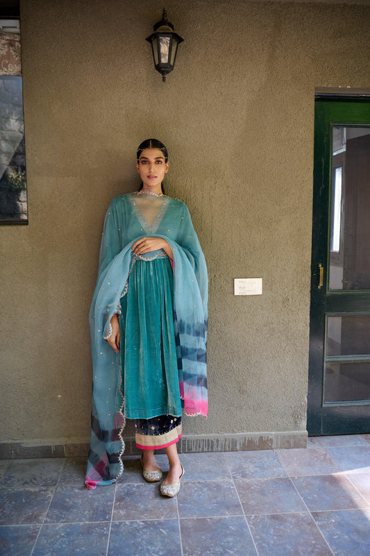 Eggshell blue velvet gathered kurta palazzos set with tie dye dupatta - Sohni