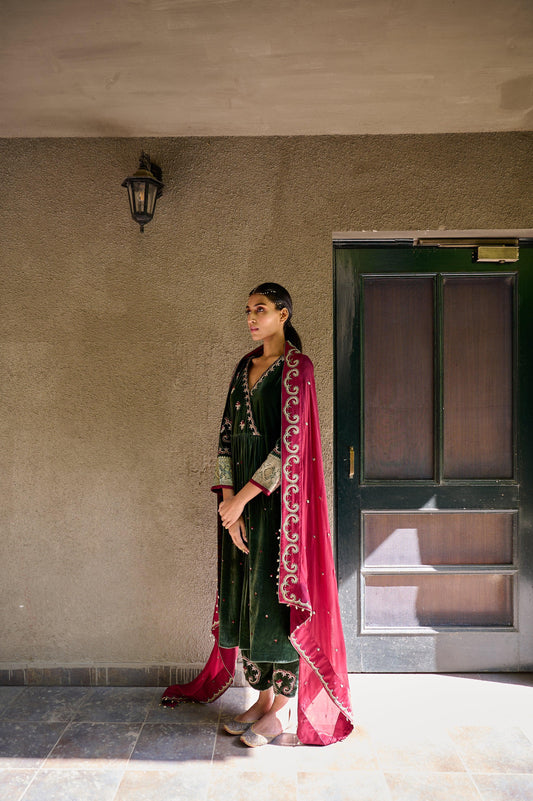 Castleton green velvet angrakha yoke kurta salwar with wine silk dupatta - Sohni