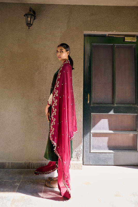 Castleton green velvet angrakha yoke kurta salwar with wine silk dupatta - Sohni