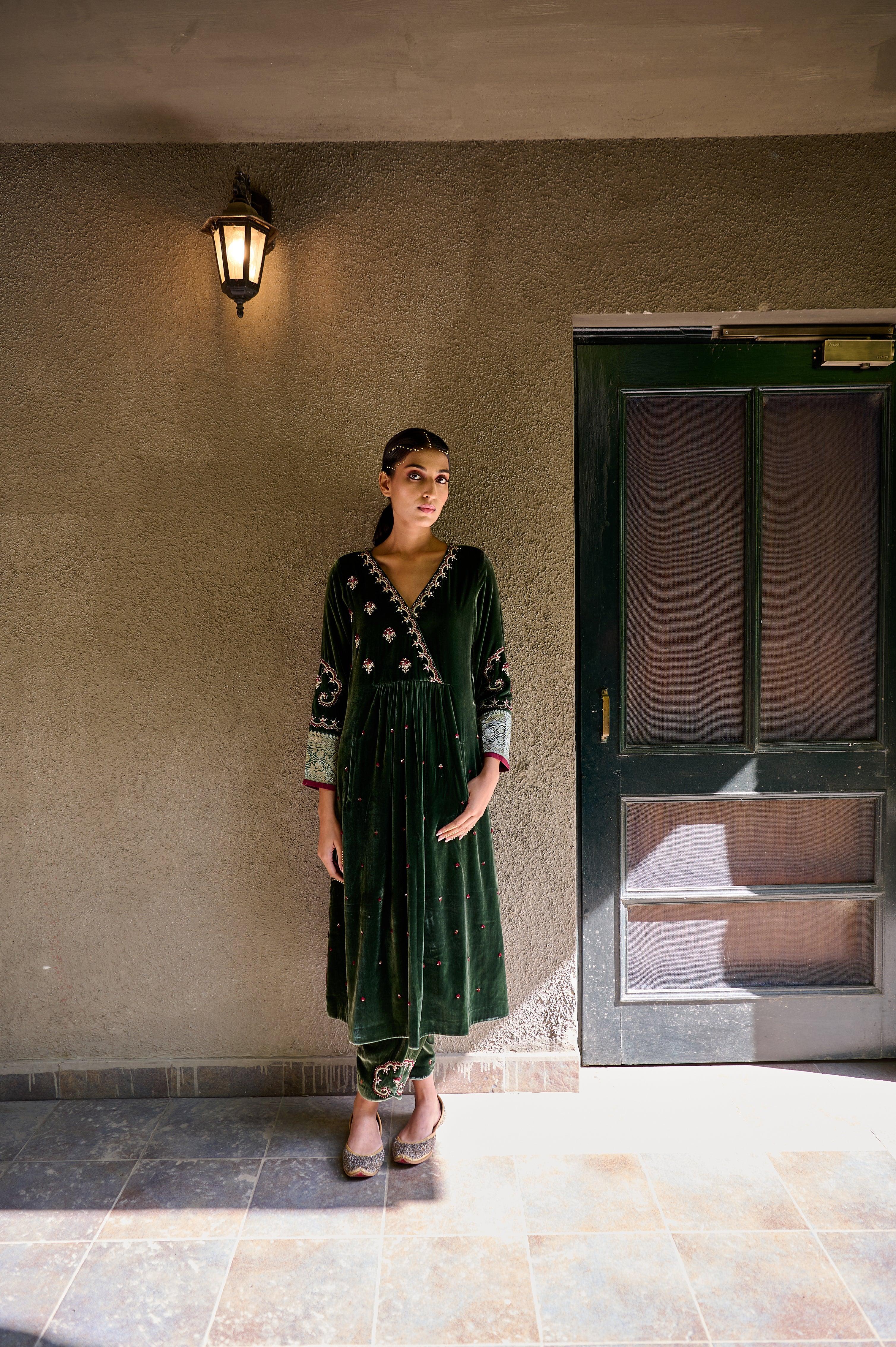 Castleton green velvet angrakha yoke kurta salwar with wine silk dupatta L Castleton green velvet angrakha yoke kurta salwar with wine silk dupatta L