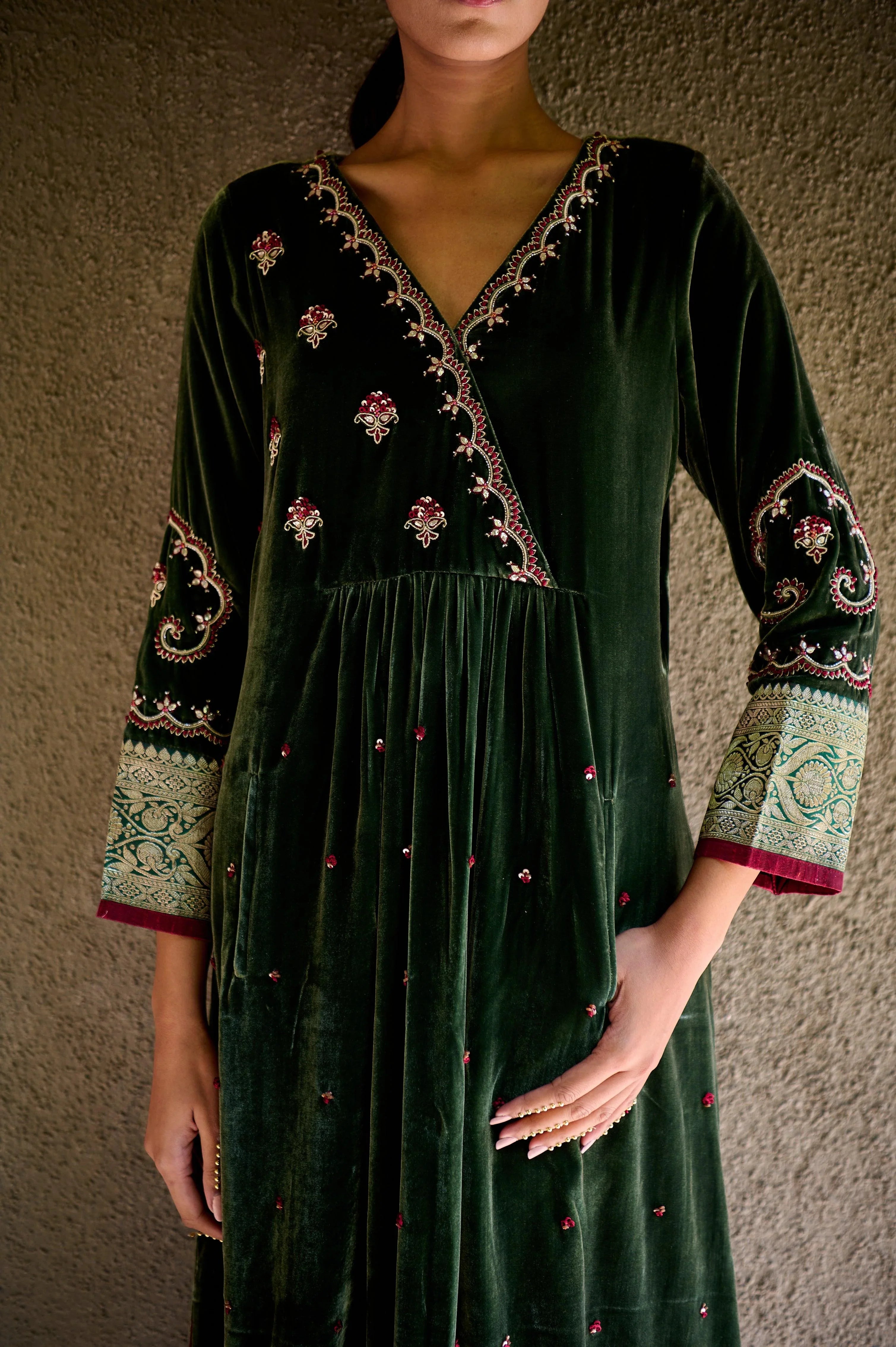 Castleton green velvet angrakha yoke kurta salwar with wine silk dupatta L Castleton green velvet angrakha yoke kurta salwar with wine silk dupatta L