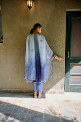 Blue grey ombré velvet kurta salwar set with ombré organza dupatta - Sohni
