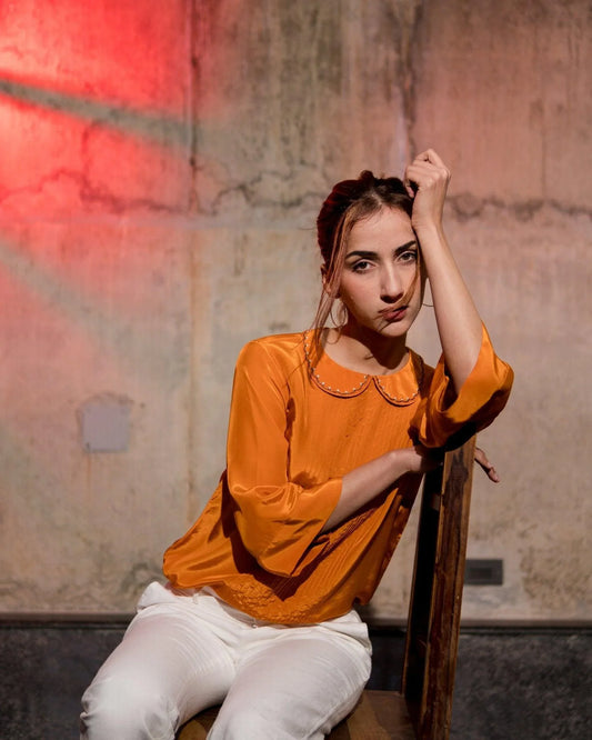 Tangerine orange peter pan collared crepe blouse - Sohni