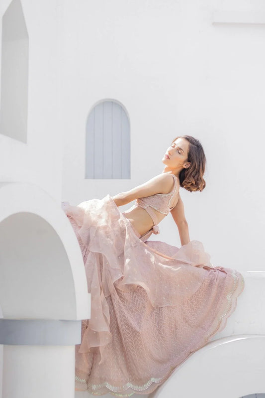 Taupe Naira Lehenga With Wrap Blouse And Ruffled Organza Stole - Sohni