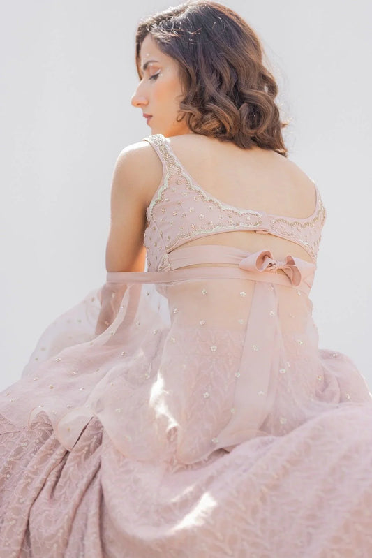 Taupe Naira Lehenga With Wrap Blouse And Ruffled Organza Stole - Sohni