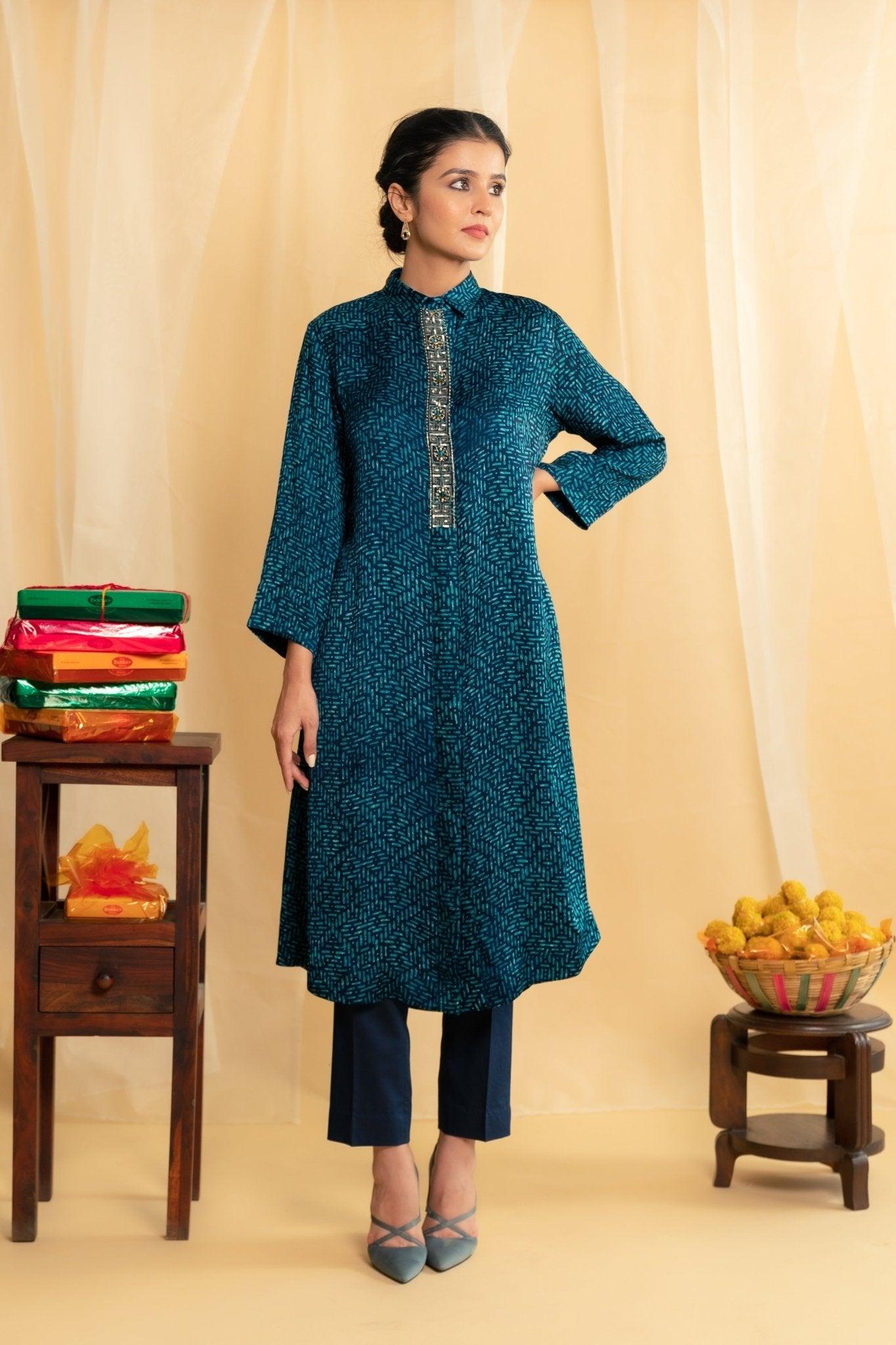 Teal blue placket embroidery modal silk long tunic with pants - Sohni